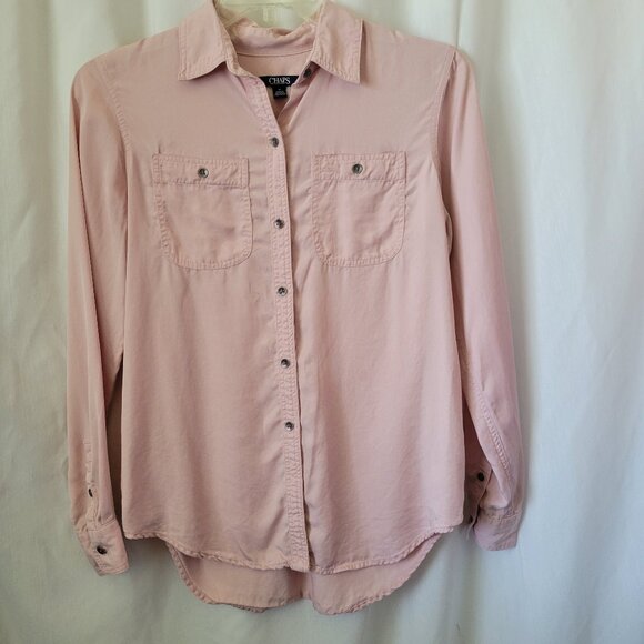 Chaps Pink Blouse Medium Button Front long sleeves Lyocell pockets Flowy EUC - Picture 1 of 9